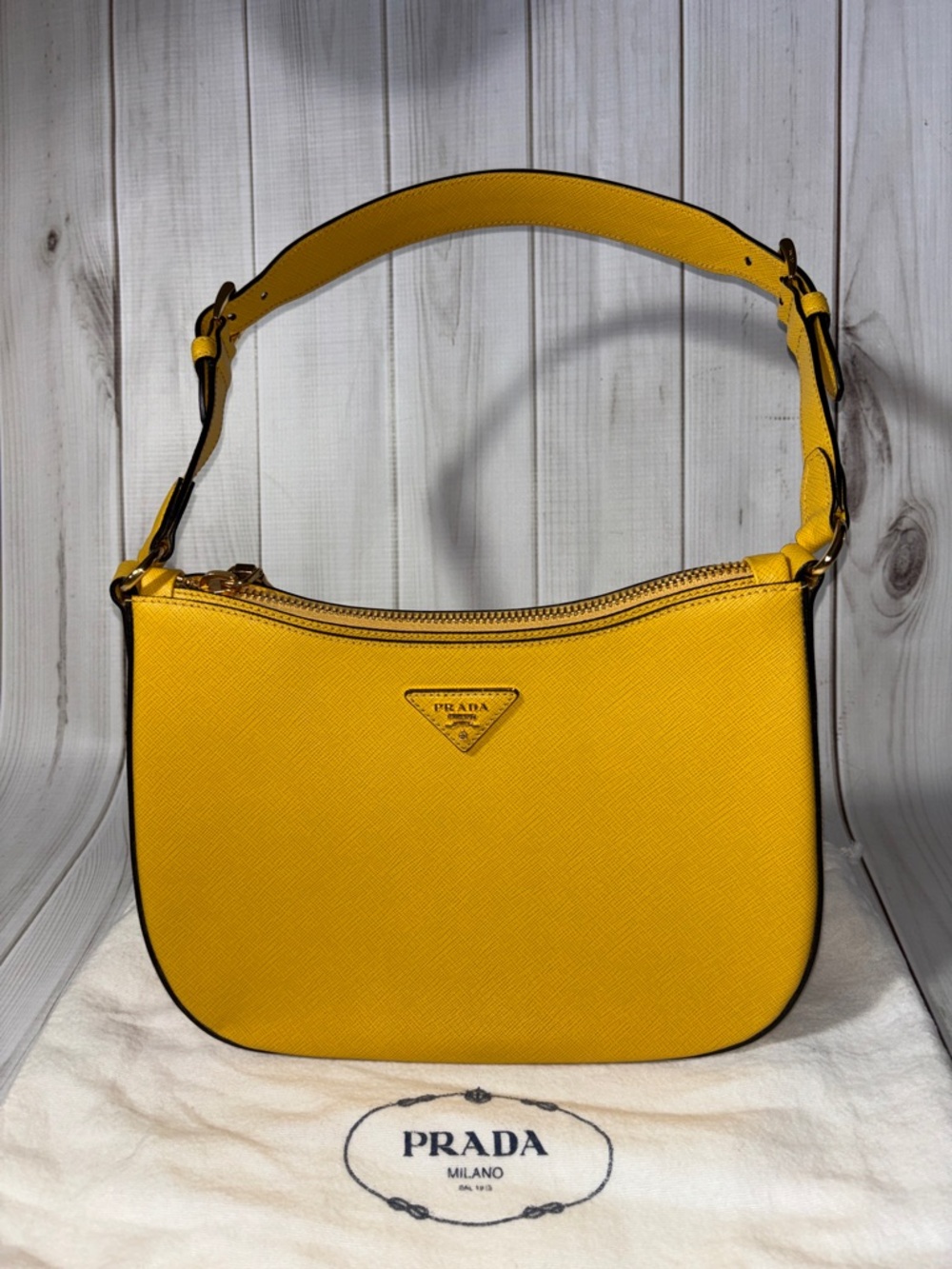 Prada Yellow Saffiano Leather Shoulder Bag with Gold Hardware